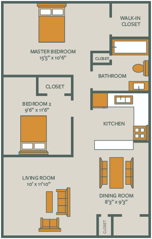Floor plan for 2 beds, 1 bath, 720 sqft